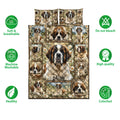 Saint Bernard quilt bedding set with daisy artwork shown alongside product feature icons