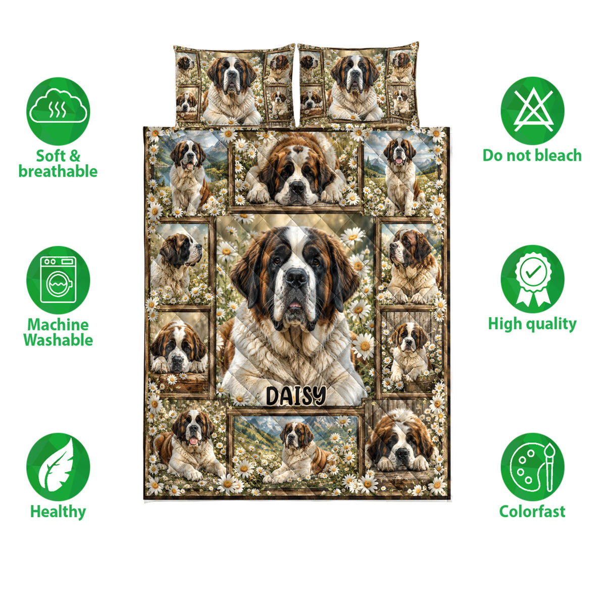 Saint Bernard quilt bedding set with daisy artwork shown alongside product feature icons