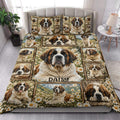 Saint Bernard quilt bedding styled in a bright bedroom with floral dog portrait artwork