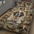 Close bedroom view of a Saint Bernard quilt blanket with daisy and mountain scenery