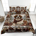 Saint Bernard quilt blanket bedding set featuring snowy holiday scenes, pine trees, gifts, and festive red accents