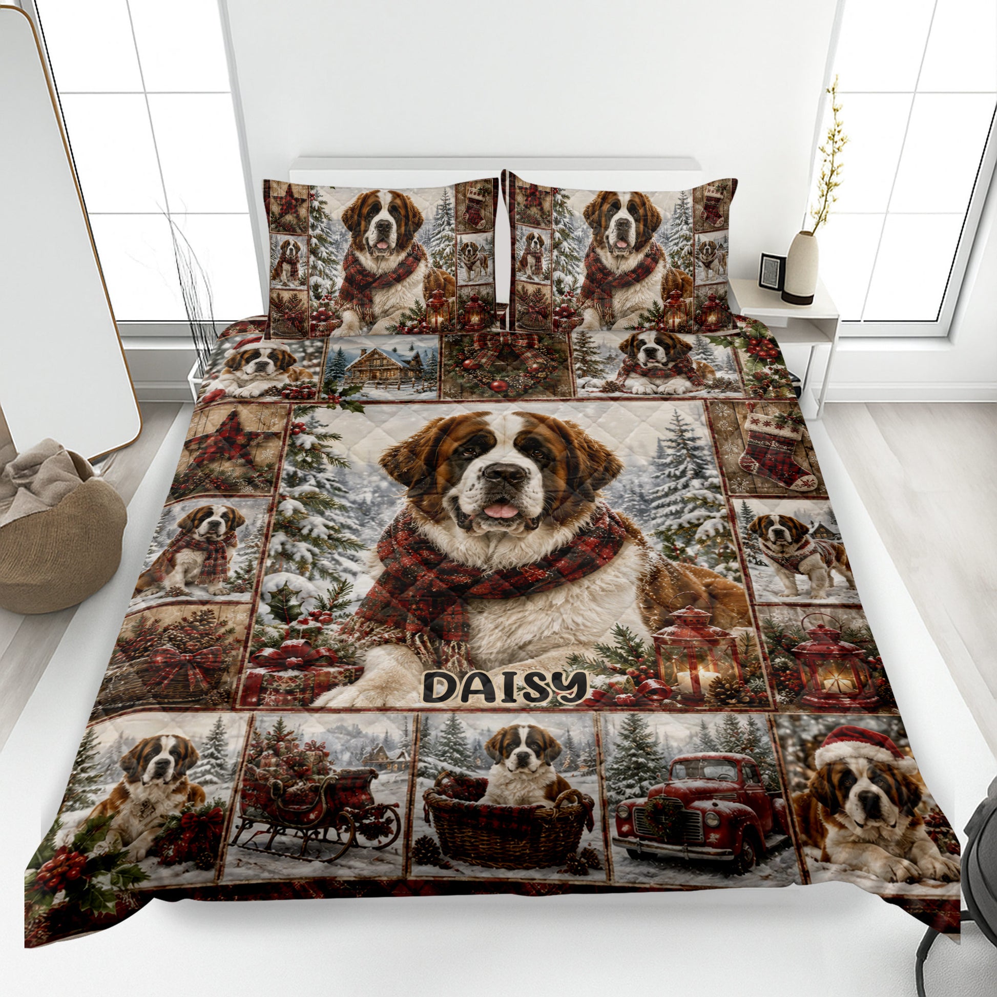 Saint Bernard quilt blanket bedding set featuring snowy holiday scenes, pine trees, gifts, and festive red accents