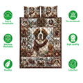 Saint Bernard quilt blanket displayed with holiday artwork and surrounding feature icons for softness, washing, and color