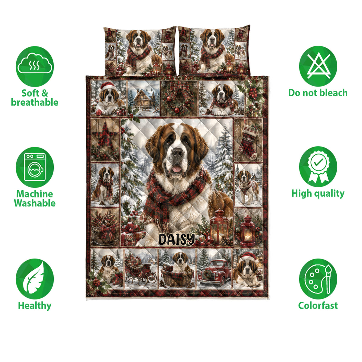 Saint Bernard quilt blanket displayed with holiday artwork and surrounding feature icons for softness, washing, and color
