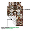 Saint Bernard quilt showing the printed front, white quilted backing, and stitched construction detail
