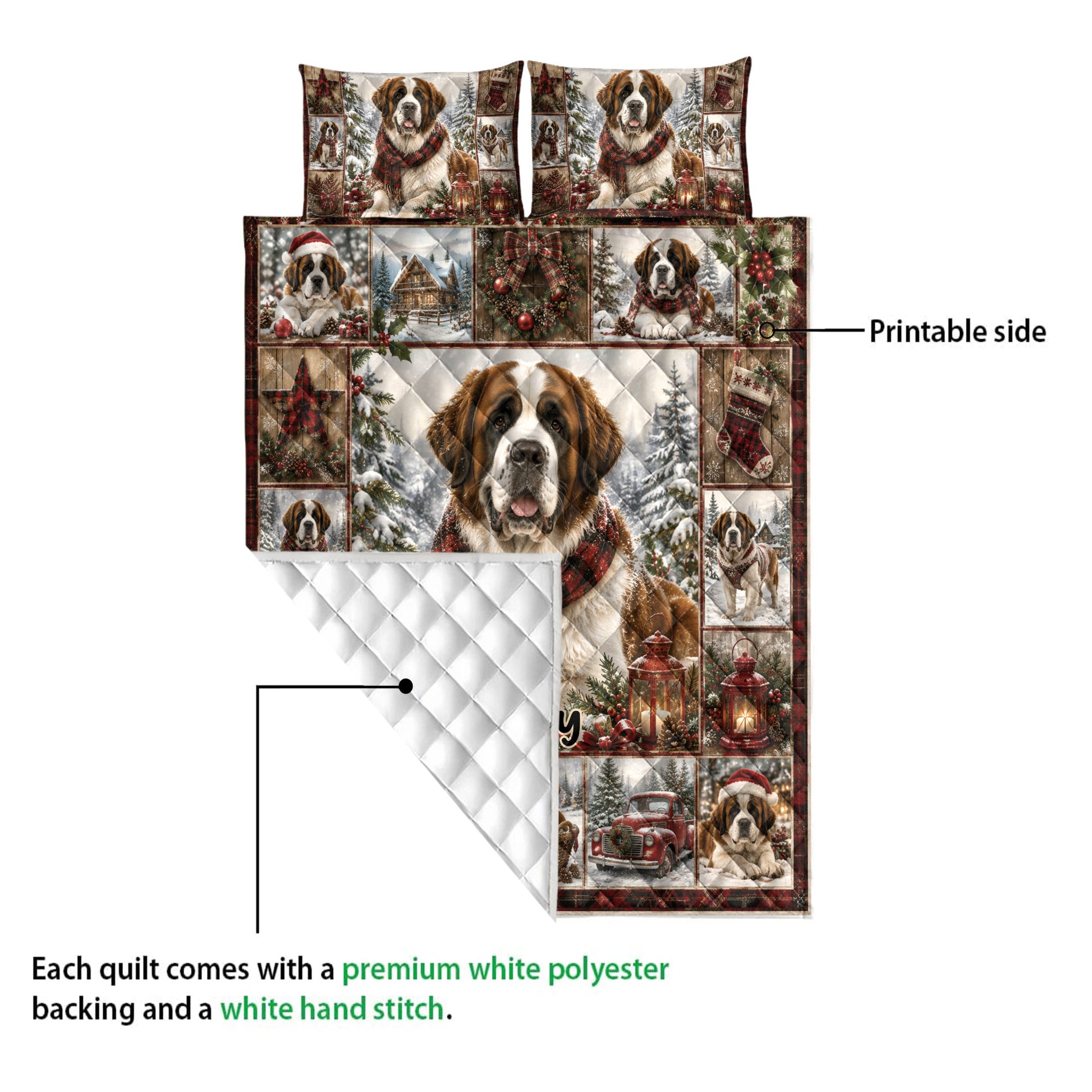 Saint Bernard quilt showing the printed front, white quilted backing, and stitched construction detail