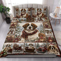Saint Bernard holiday quilt blanket styled on a bed with snowy scenes, wreaths, gifts, and red plaid accents