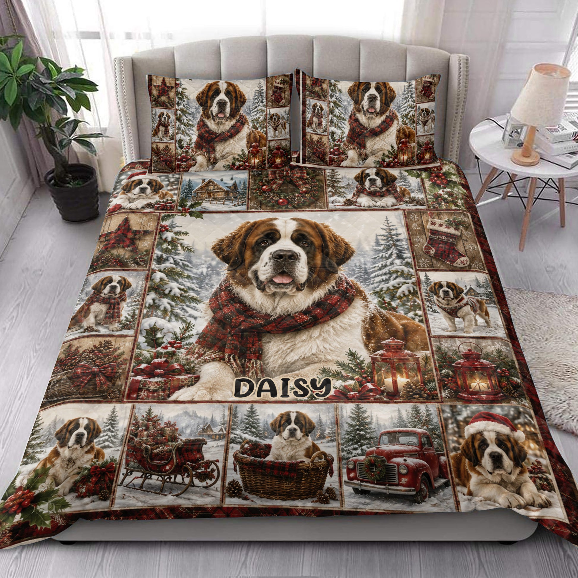 Saint Bernard holiday quilt blanket styled on a bed with snowy scenes, wreaths, gifts, and red plaid accents