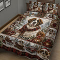 Close bedroom view of a Saint Bernard quilt blanket with winter artwork, snowy trees, lanterns, and festive details