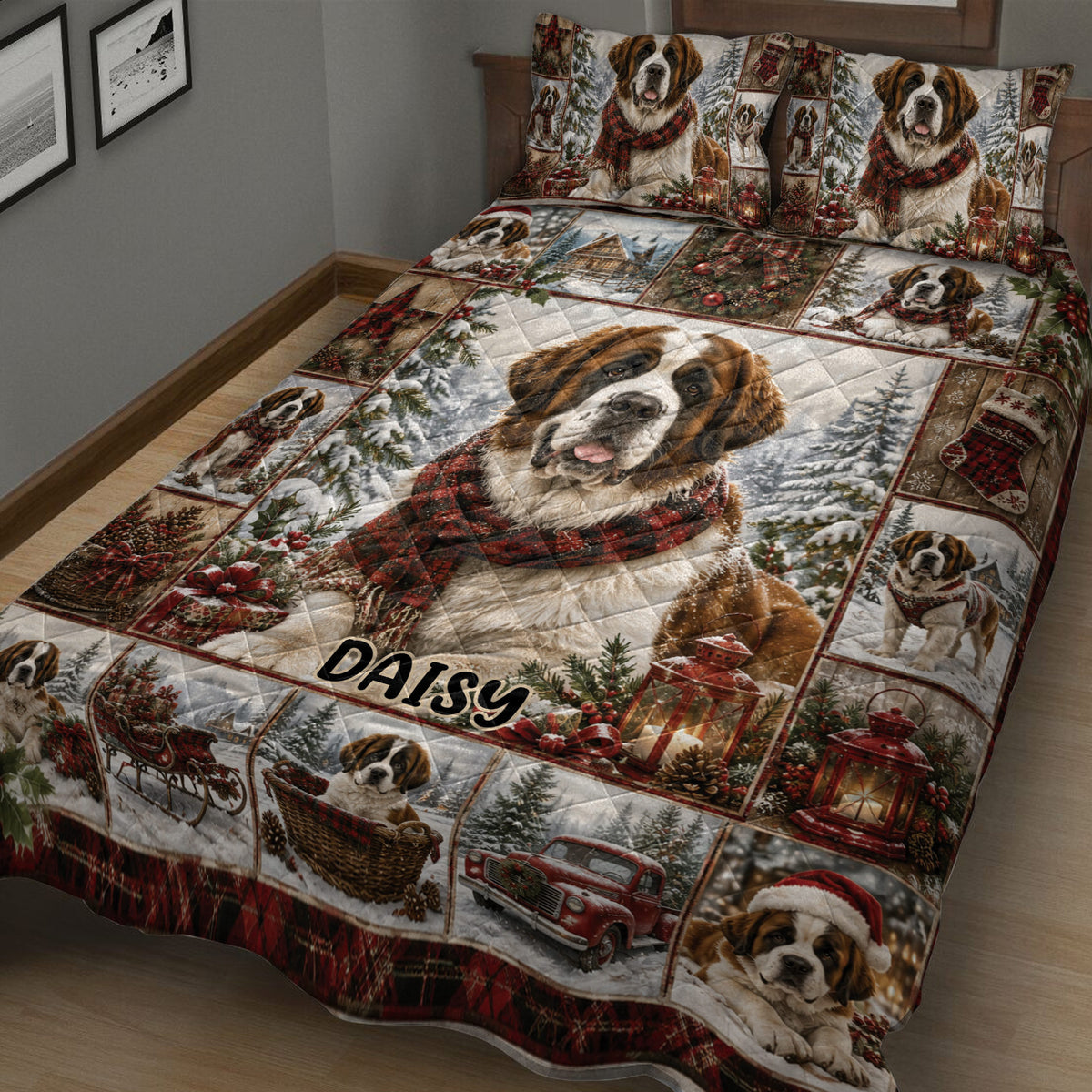 Close bedroom view of a Saint Bernard quilt blanket with winter artwork, snowy trees, lanterns, and festive details