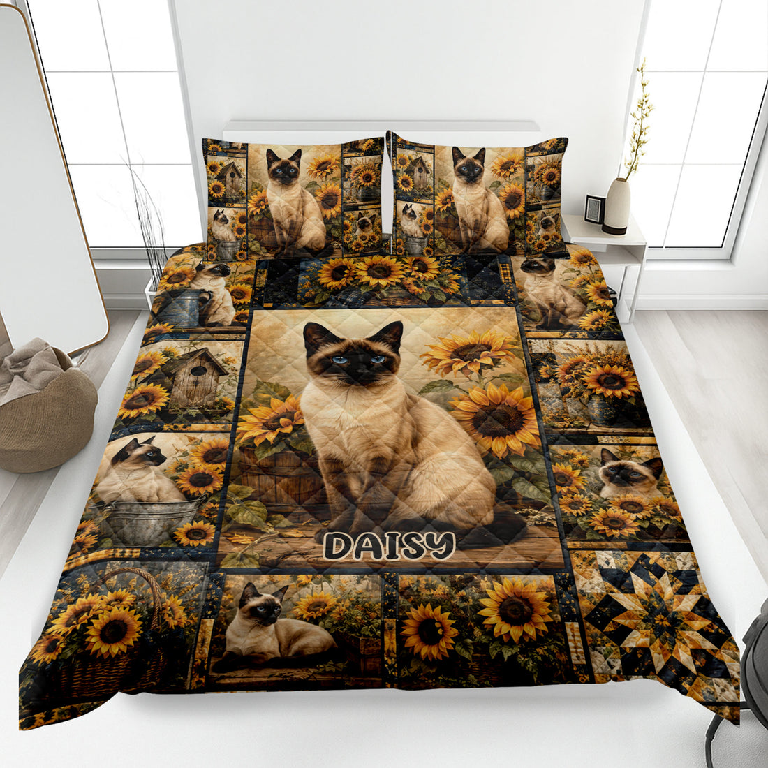 Siamese cat quilt blanket with sunflower collage artwork displayed on a bedroom bed