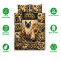 Siamese cat quilt bedding set with sunflower artwork and product feature icons