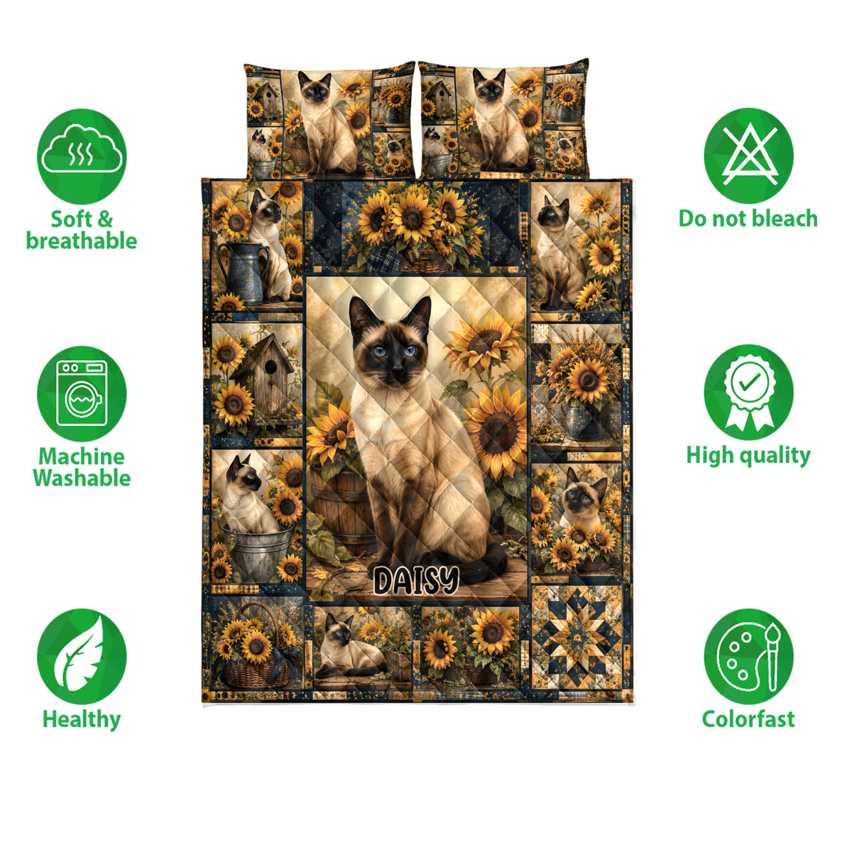 Siamese cat quilt bedding set with sunflower artwork and product feature icons