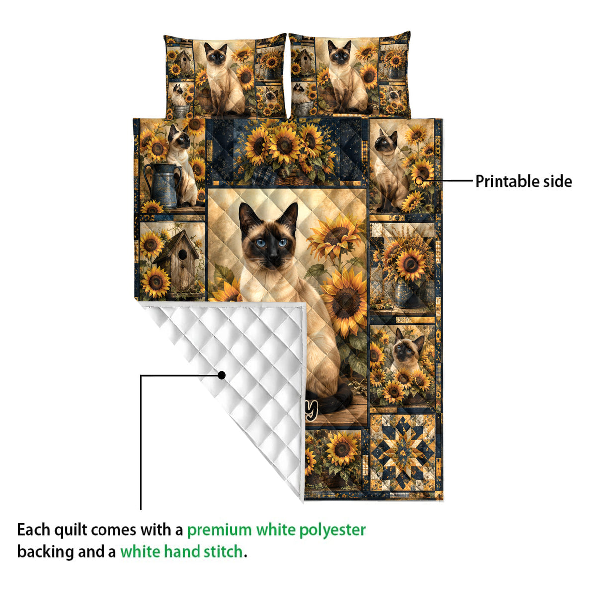 Siamese cat quilt shown with printed front artwork and white quilted backing detail