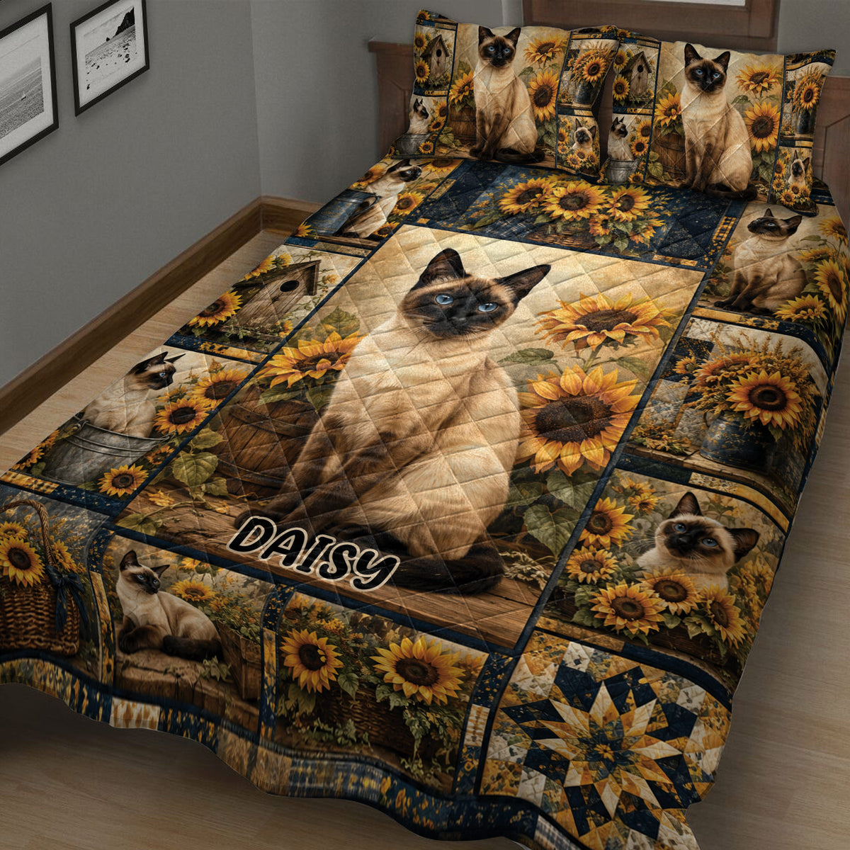Siamese cat quilt blanket with sunflower panels and cat artwork in a cozy bedroom