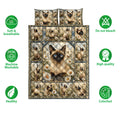Siamese cat quilt bedding set shown with feature icons and a floral cat collage design