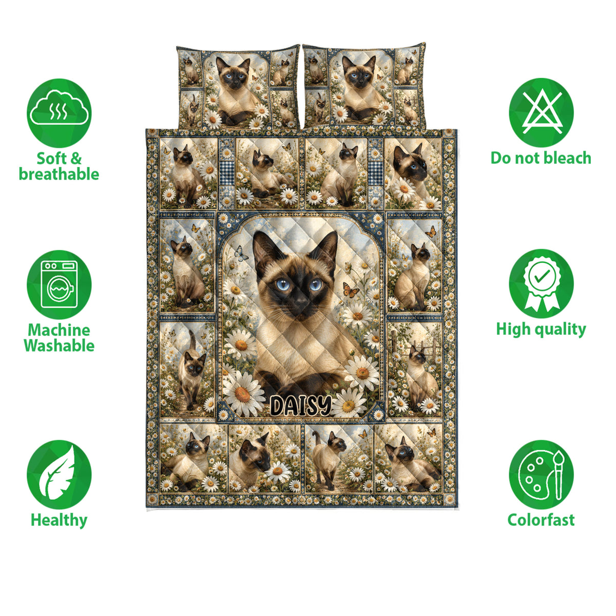 Siamese cat quilt bedding set shown with feature icons and a floral cat collage design