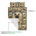 Siamese cat quilt blanket shown with its printed front and white quilted backing