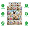 Siamese cat quilt bedding design surrounded by flowers and butterflies with feature icons
