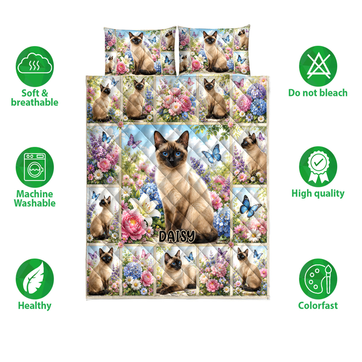 Siamese cat quilt bedding design surrounded by flowers and butterflies with feature icons