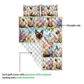 Siamese cat quilt showing the printed floral front and white diamond-patterned backing