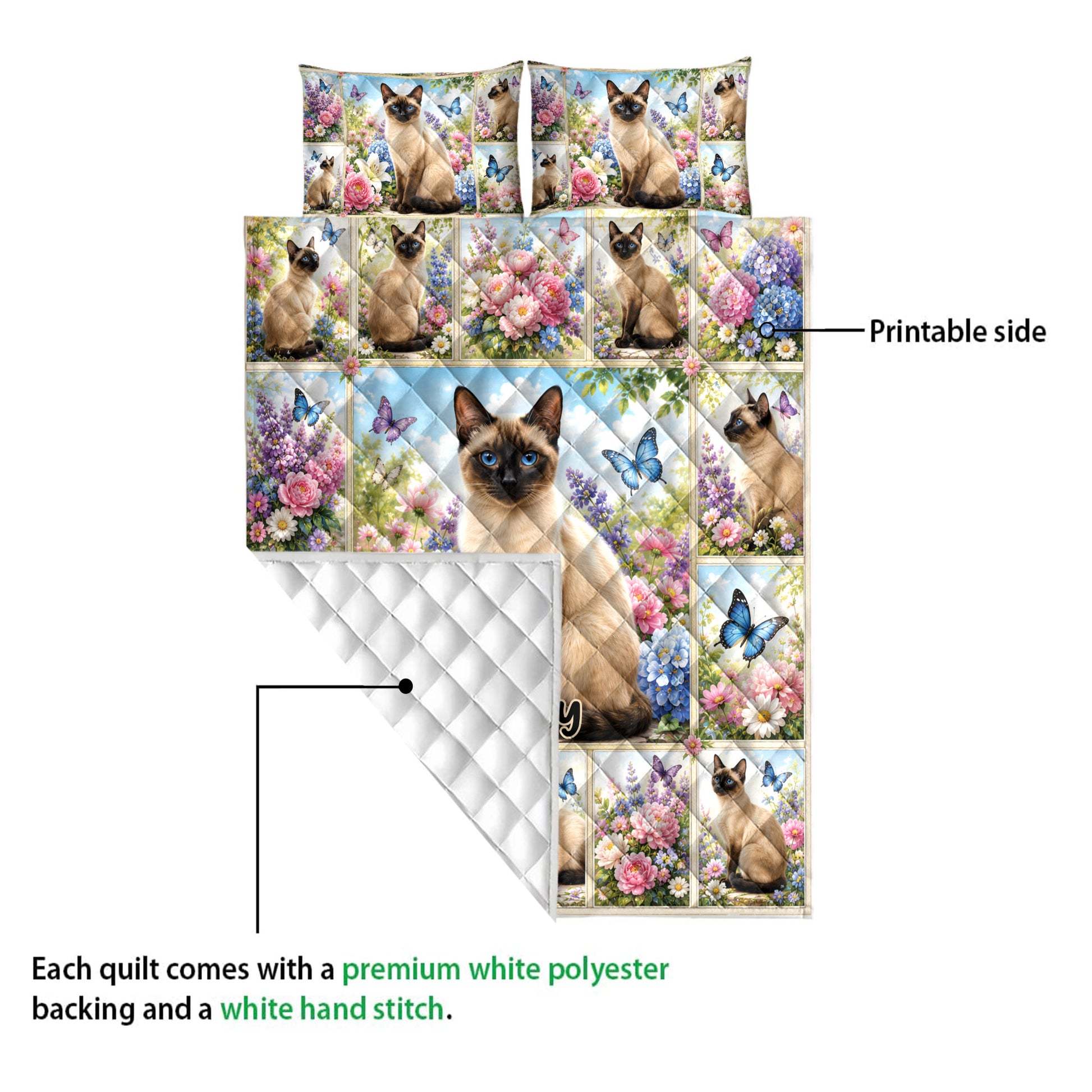 Siamese cat quilt showing the printed floral front and white diamond-patterned backing