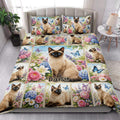 Siamese cat floral quilt blanket styled across a bright bedroom with coordinating pillows