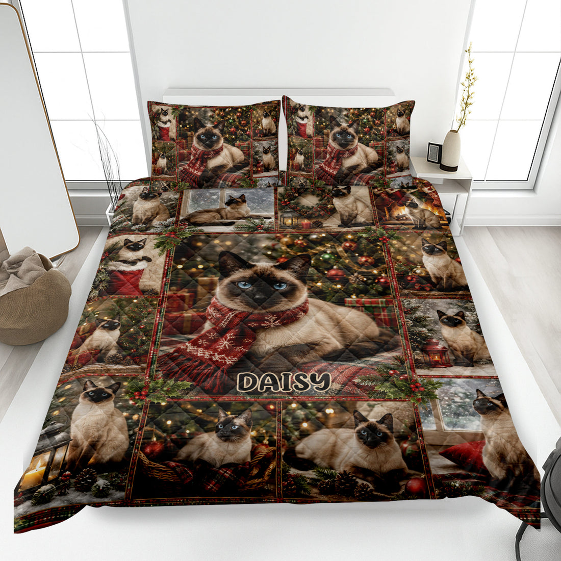 Siamese cat quilt blanket spread across a bedroom with Christmas trees, ornaments, gifts, and red scarves