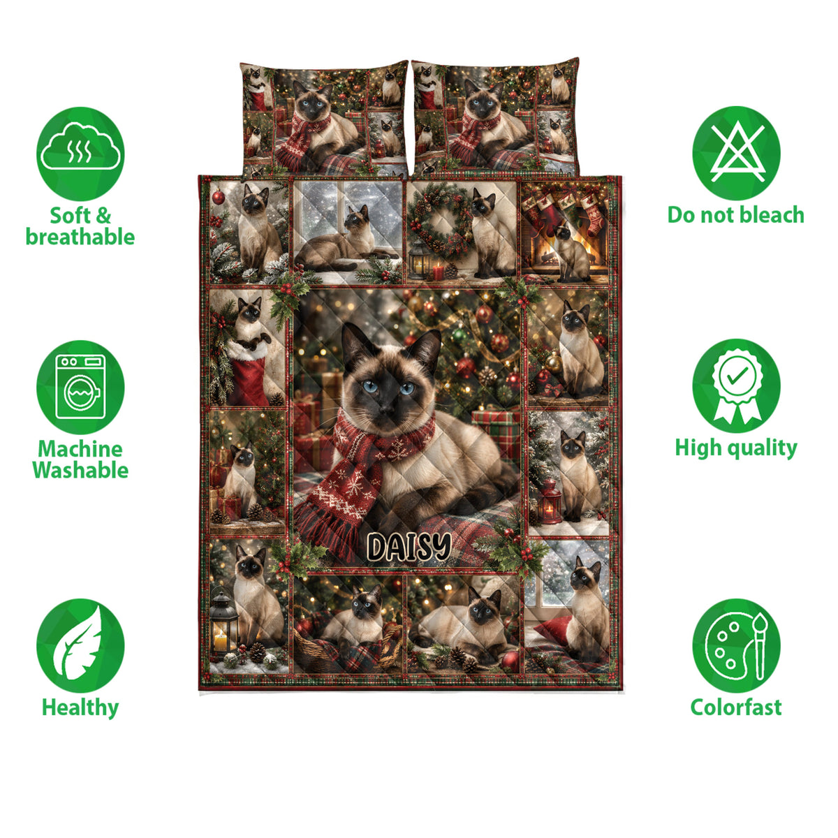 Siamese cat Christmas quilt blanket displayed with soft breathable and machine washable feature icons