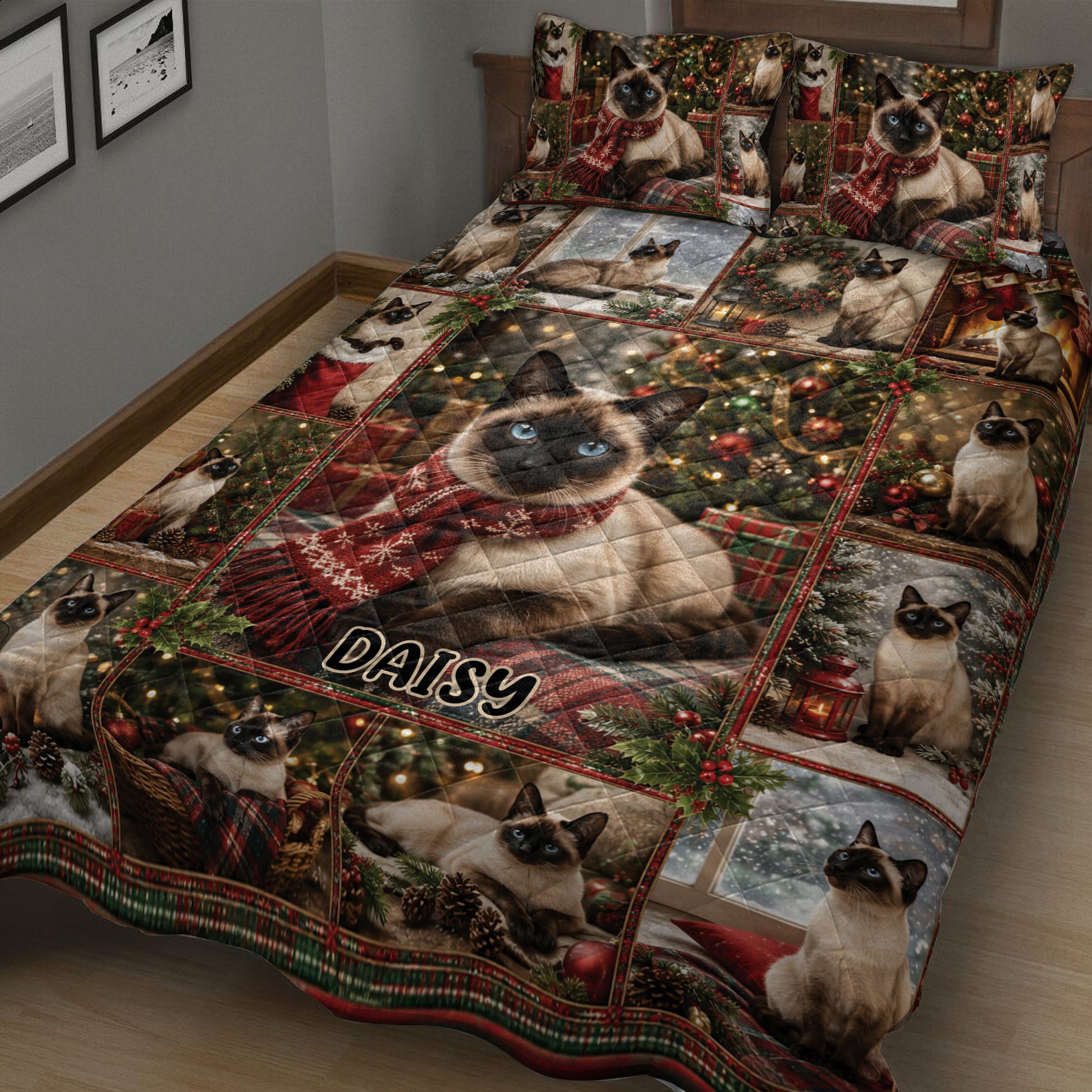 Close bedroom view of a Siamese cat Christmas quilt blanket with festive collage artwork