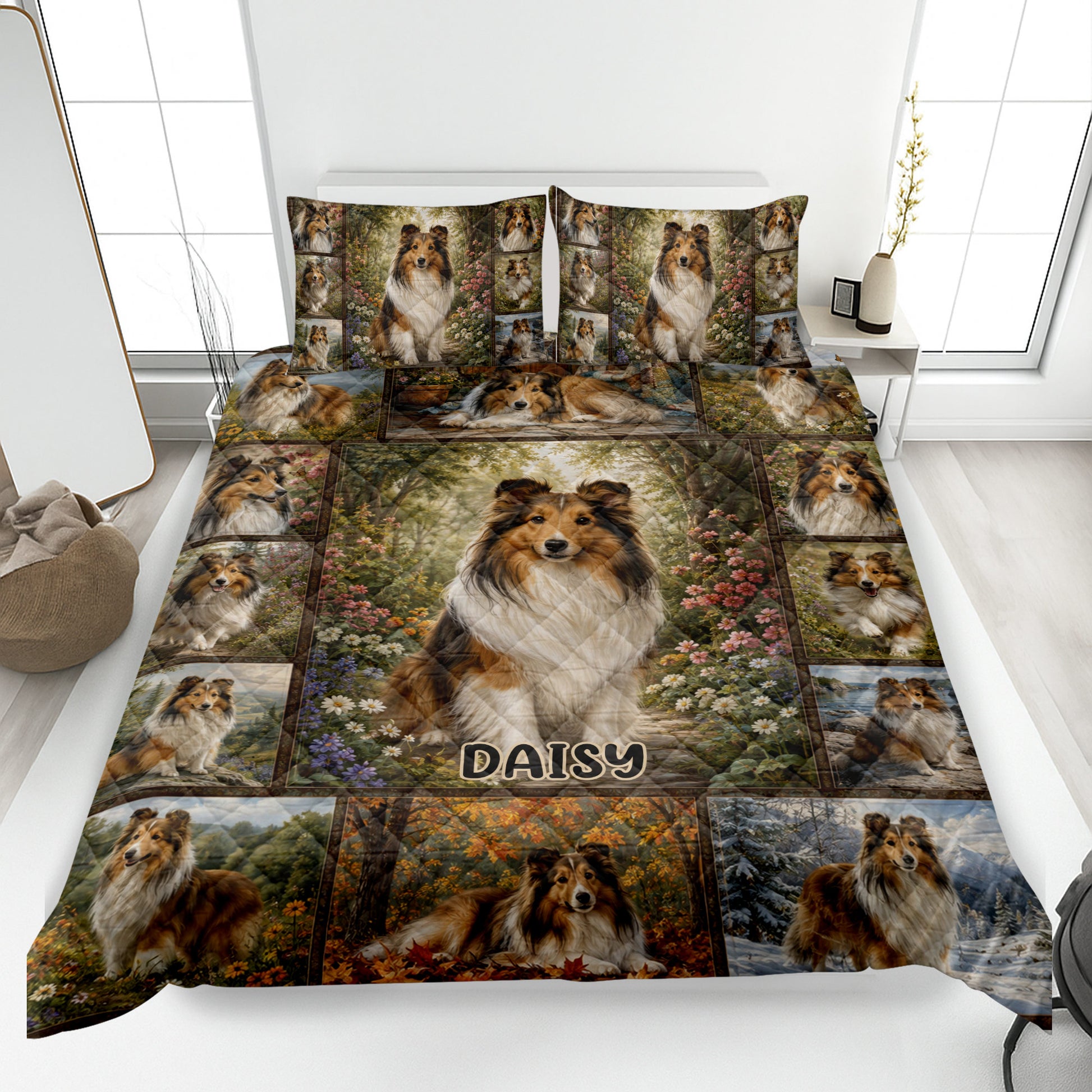 Sheltie quilt bedding set displayed on a bed with woodland portraits, flowers, and seasonal scenery