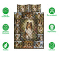 Sheltie quilt blanket and pillowcases shown with soft breathable, washable, and colorfast feature icons