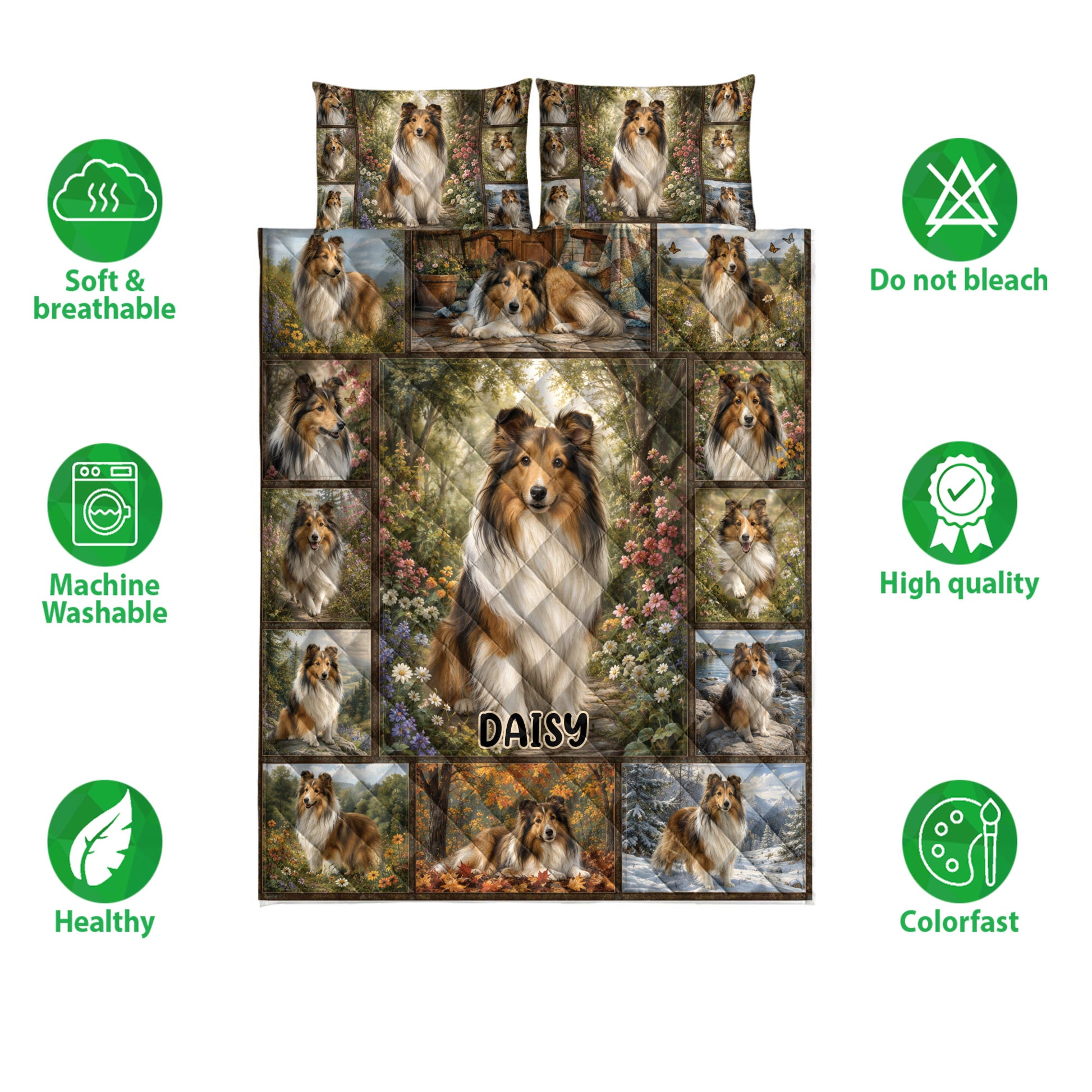 Sheltie quilt blanket and pillowcases shown with soft breathable, washable, and colorfast feature icons