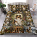 Sheltie quilt bedding displayed in a bright bedroom with floral woodland dog artwork