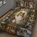 Close view of a Sheltie quilt blanket featuring framed dog portraits, flowers, forests, and seasonal scenes
