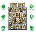 Sheltie quilt bedding set displayed with sunflower artwork, breathable construction icons and colorful patchwork