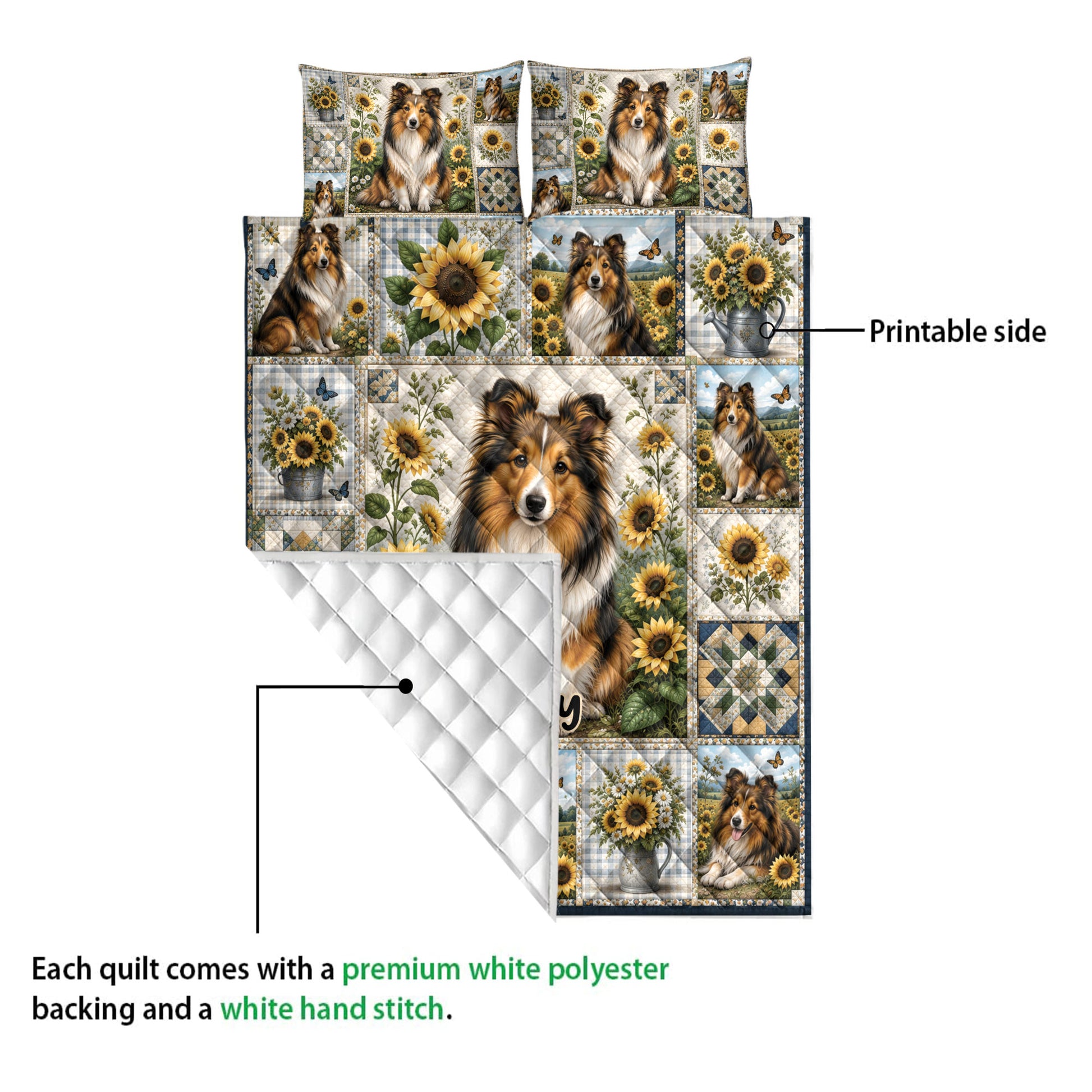 Sheltie quilt blanket showing the printed sunflower dog artwork and white quilted backing detail
