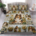 Sheltie quilt blanket styled on a bed with sunflower patchwork, dog portraits and a bright bedroom setting
