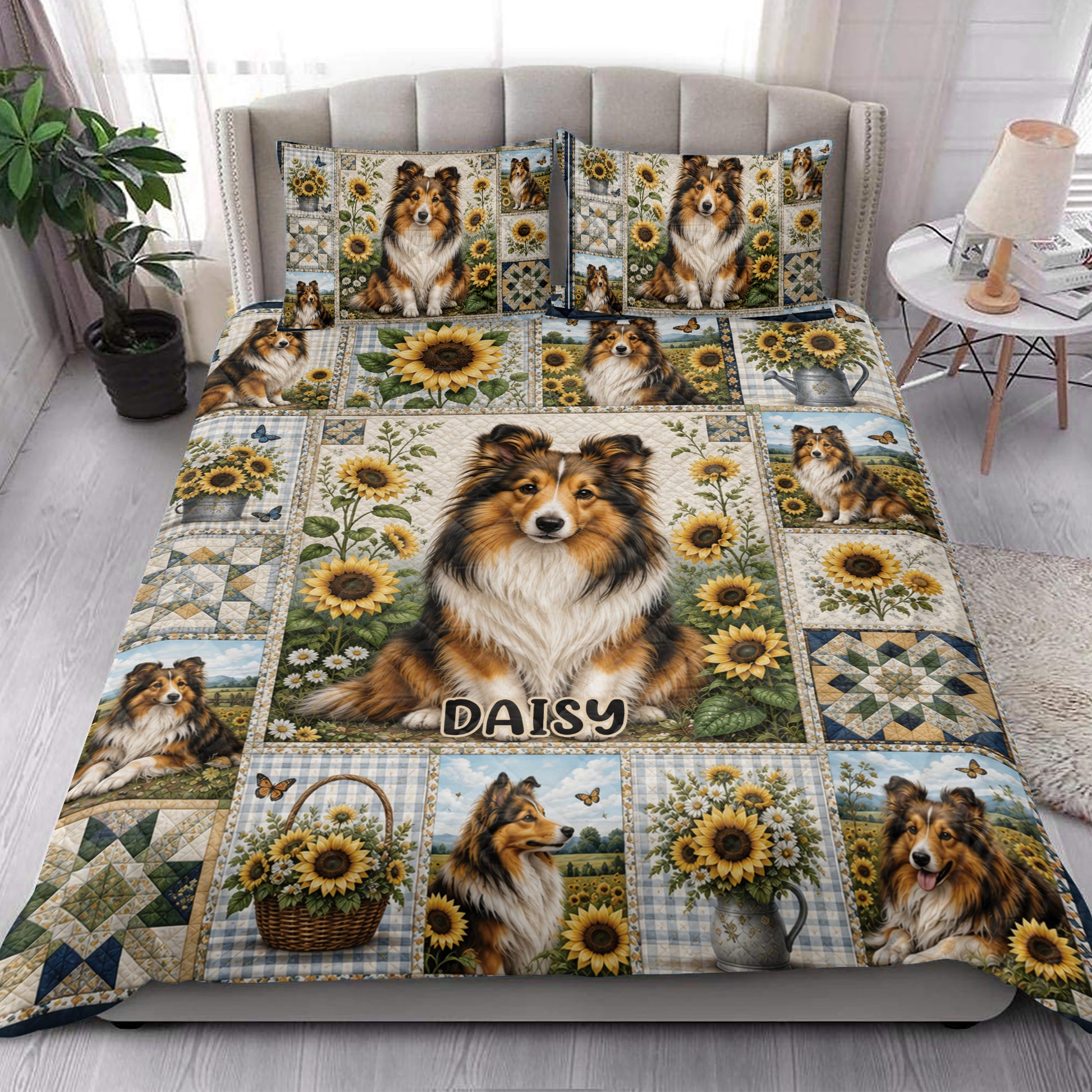 Sheltie quilt blanket styled on a bed with sunflower patchwork, dog portraits and a bright bedroom setting