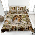 Sheltie quilt blanket displayed on a bed with daisies, flower baskets, and a custom central name design