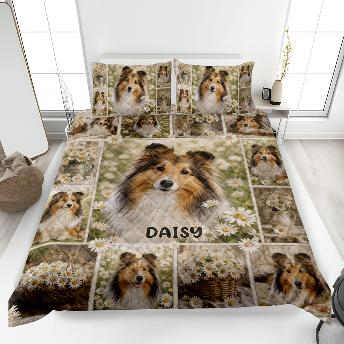 Sheltie quilt blanket displayed on a bed with daisies, flower baskets, and a custom central name design