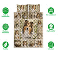 Sheltie quilt bedding set shown with floral artwork and soft, breathable, washable, colorfast feature icons