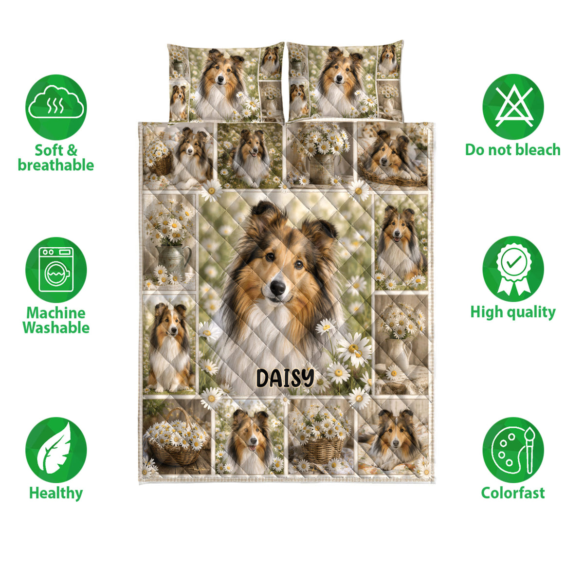 Sheltie quilt bedding set shown with floral artwork and soft, breathable, washable, colorfast feature icons