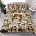 Sheltie quilt blanket styled in a bright bedroom with repeated dog portraits and daisy floral artwork