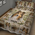 Sheltie quilt bedding set displayed in a cozy bedroom with dog portraits, daisies, and basket accents
