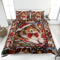 Christmas Sheltie quilt blanket spread across a bed with festive dogs, wreaths, gifts, and winter scenes