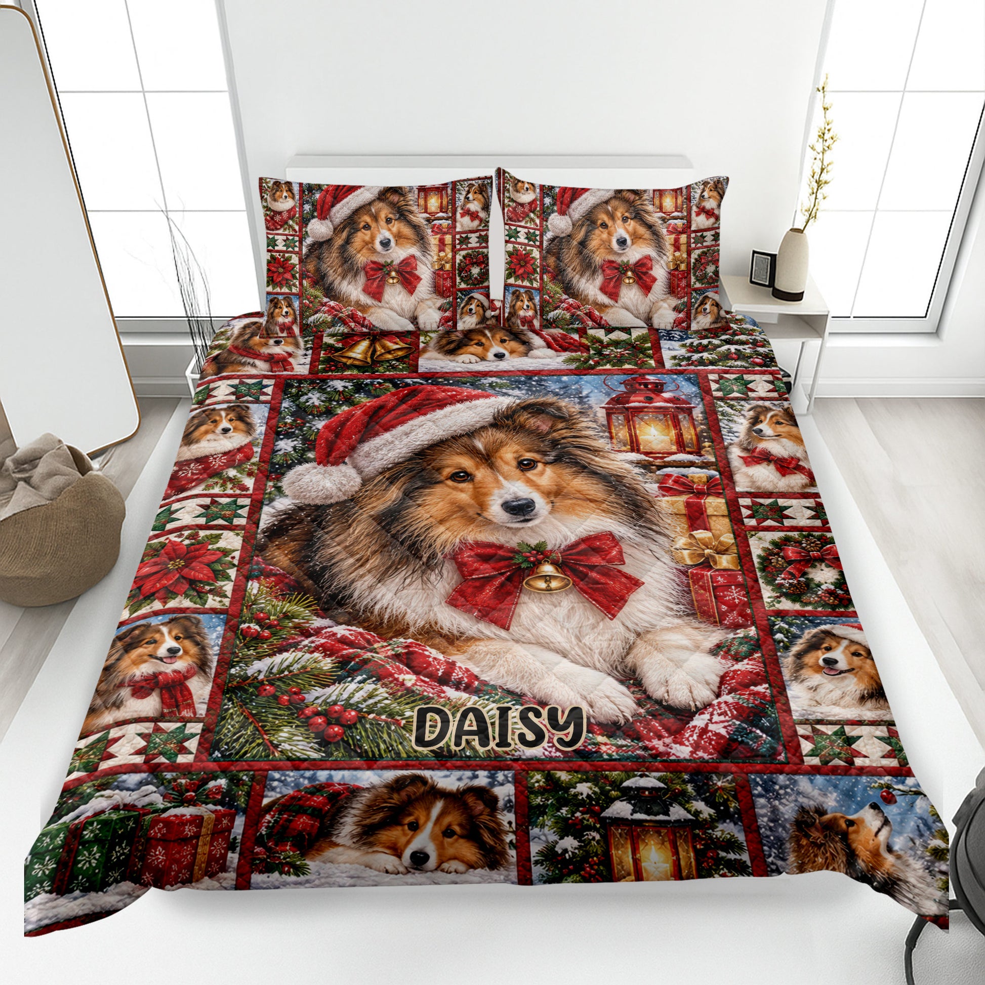 Christmas Sheltie quilt blanket spread across a bed with festive dogs, wreaths, gifts, and winter scenes