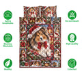 Christmas Sheltie quilt blanket displayed with soft breathable and machine washable feature icons