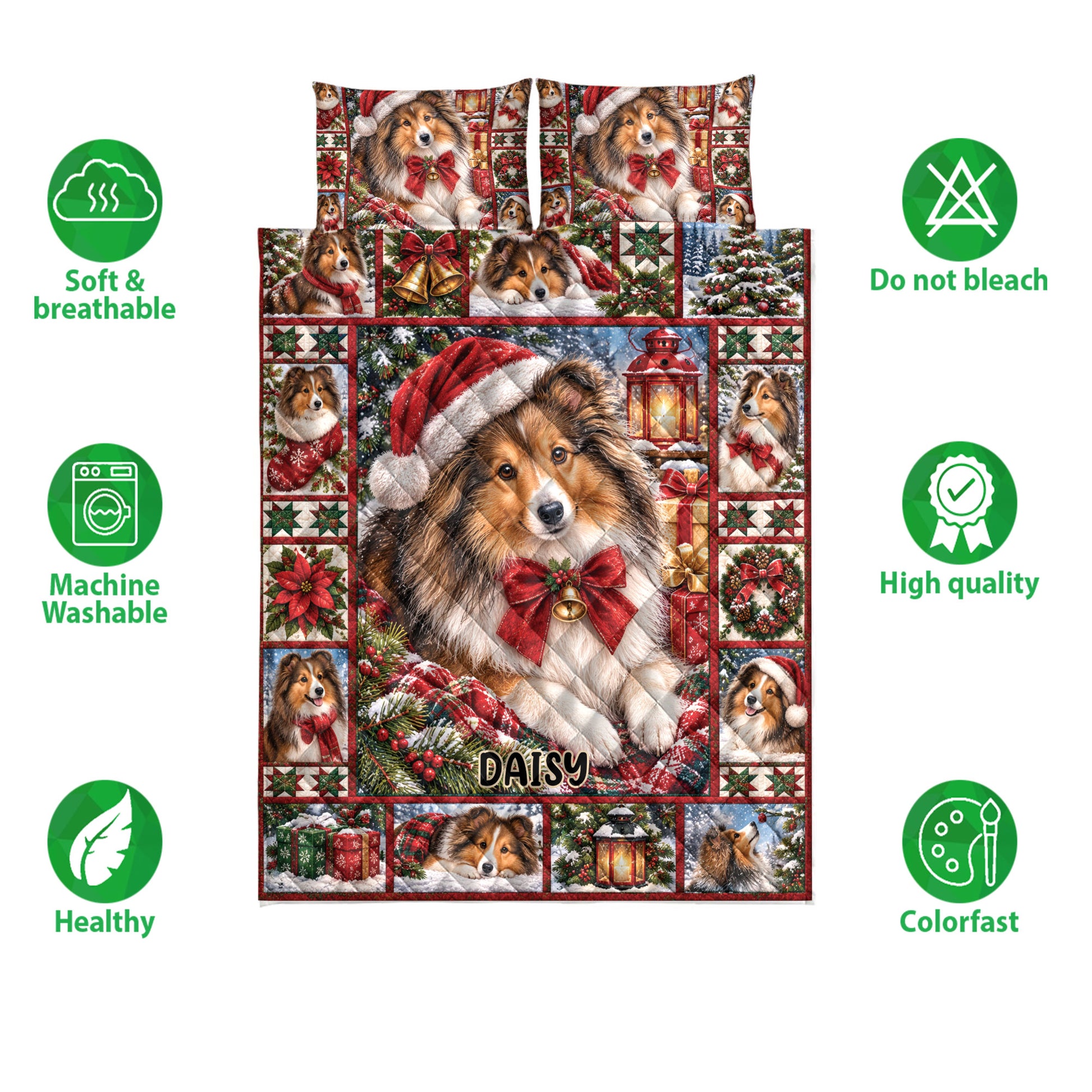 Christmas Sheltie quilt blanket displayed with soft breathable and machine washable feature icons