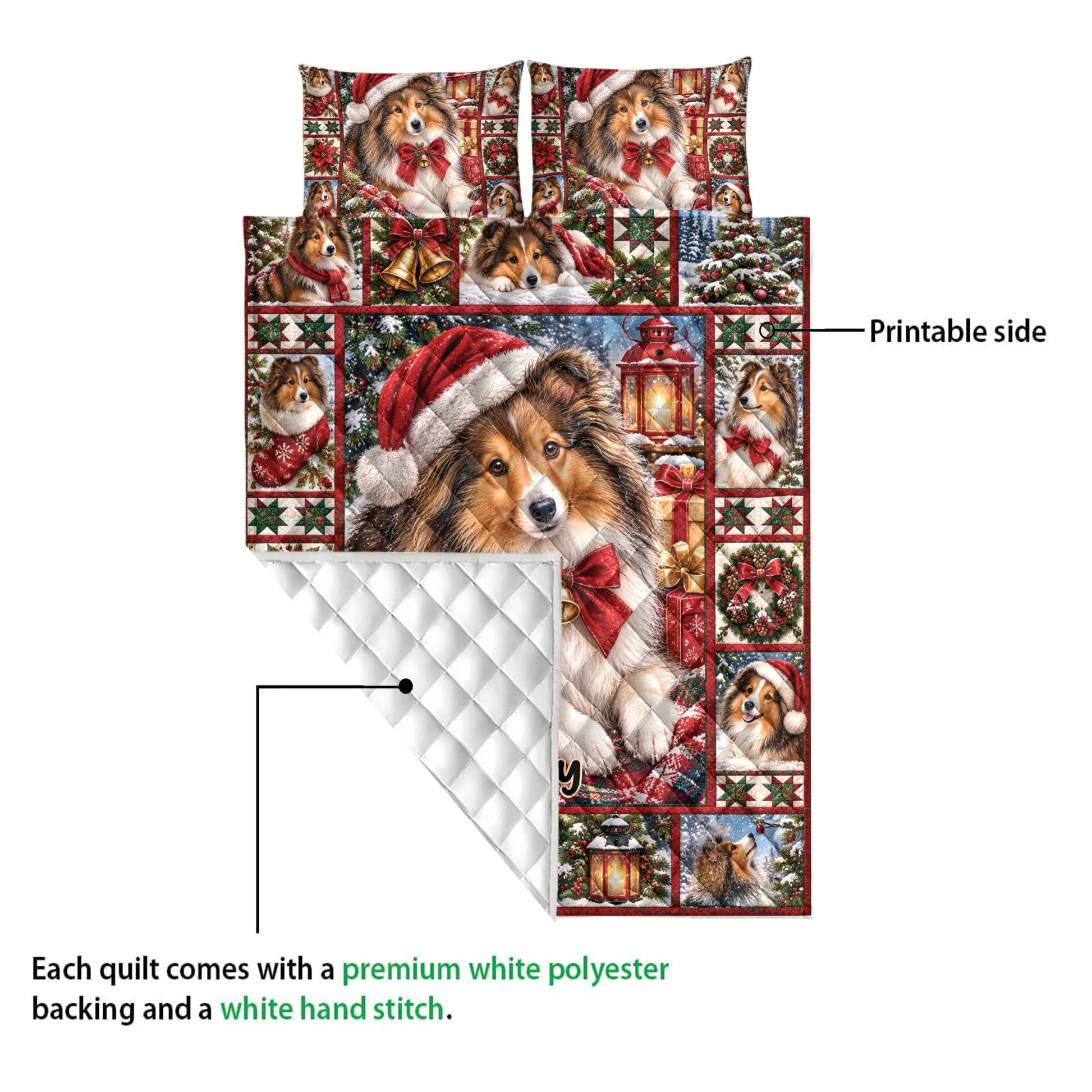 Sheltie Christmas quilt blanket showing the printed front, quilted backing, and white stitched finish